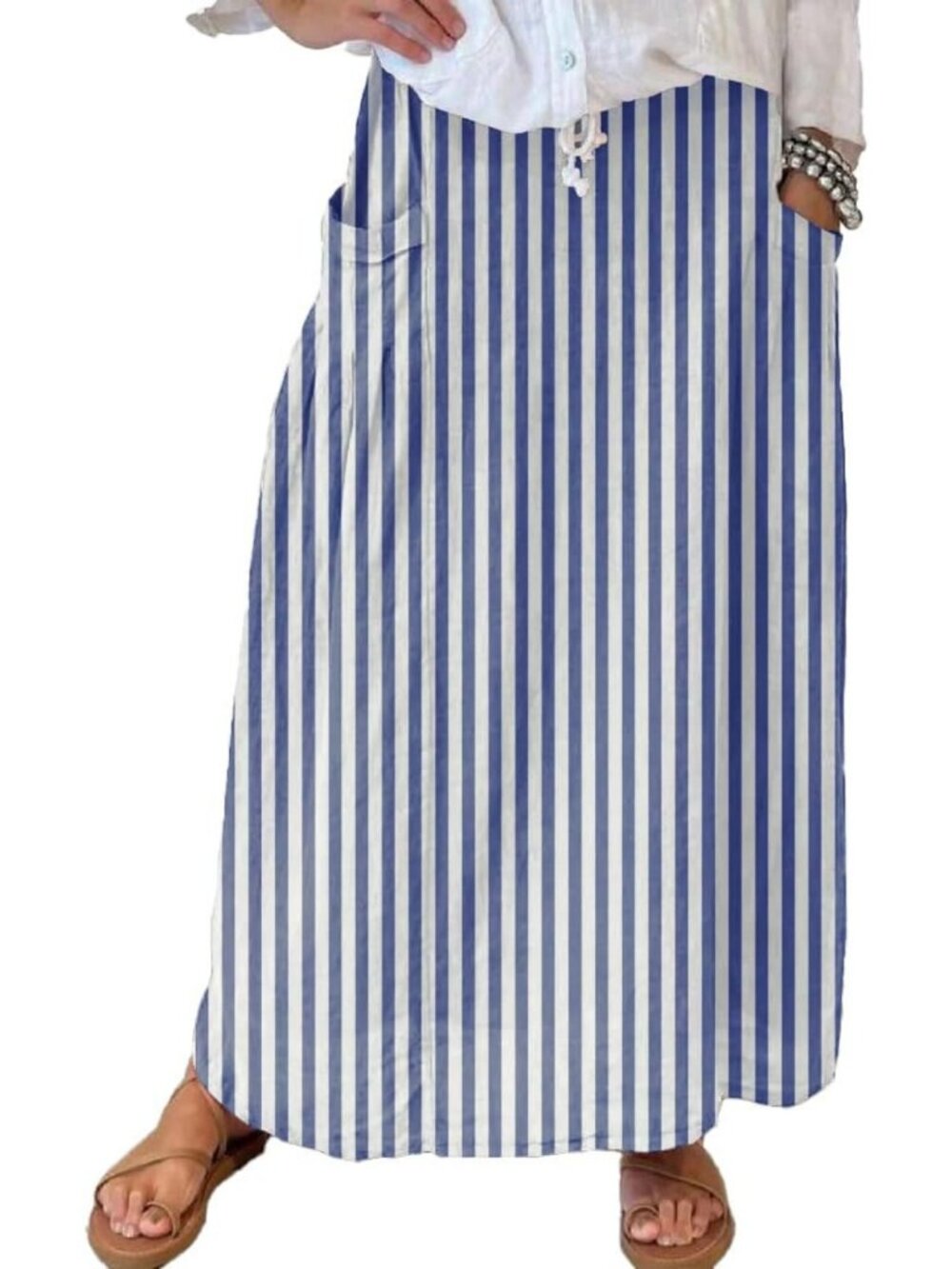 Vintage Floral High Waist Maxi Skirt | Vertical Striped Cotton Skirt with